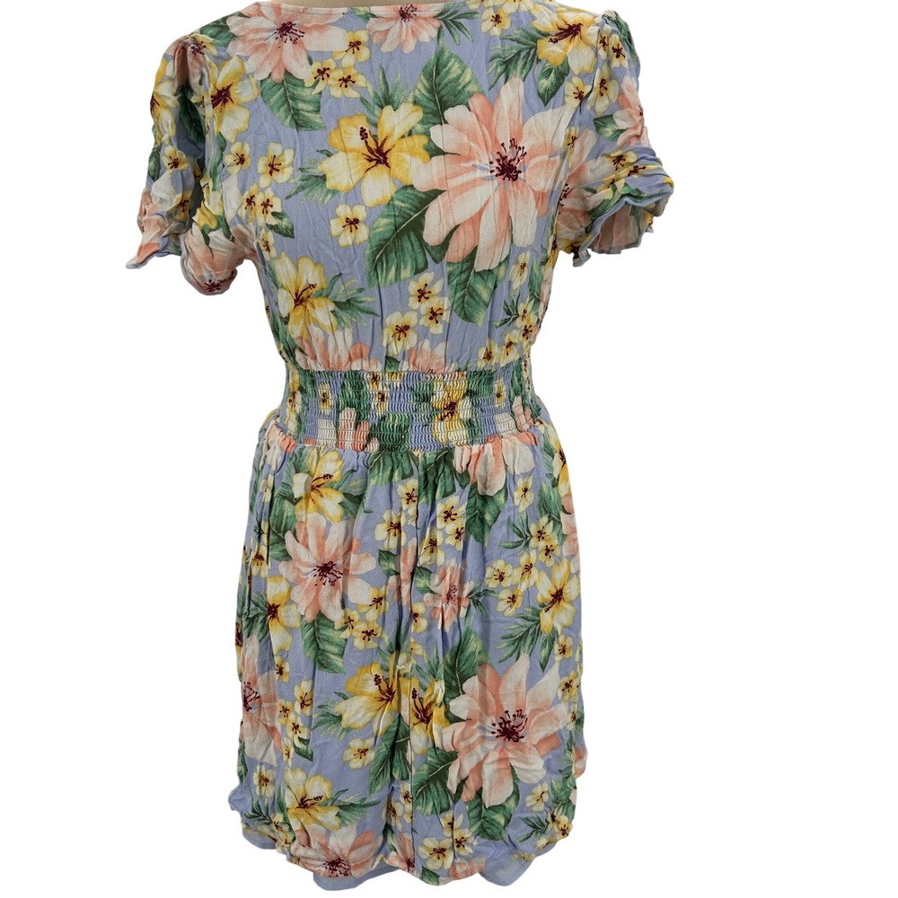 Forever 21 Womens Tropical Floral Smocked Waist V-Neck Mini Dress Blue Size M